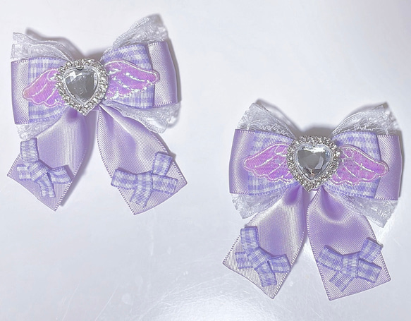 再販ハンドメイド♡リバティ×ギンガム、タグ オーガンジーフリルポニー 紫