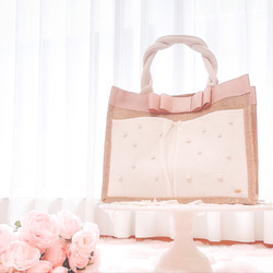 【新作】パールリボンジュートバッグ♡夏のお出かけに♡バニラピンク♡大容量収納 1枚目の画像