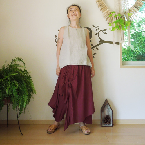 SALE】オーバースカート付きサルエルパンツ○ダークレッド ロング 