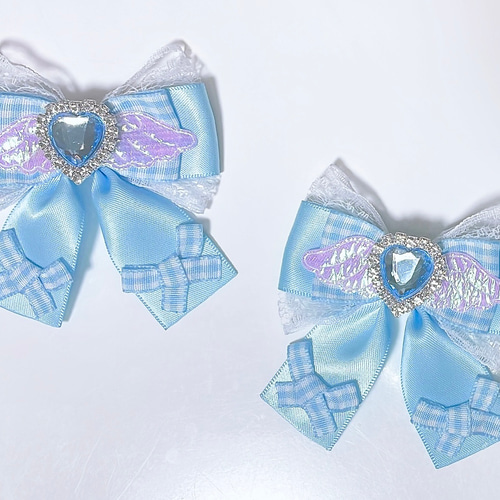 エンジェル リボン ヘアクリップ 水色 ギンガムチェック♡量産型地雷系