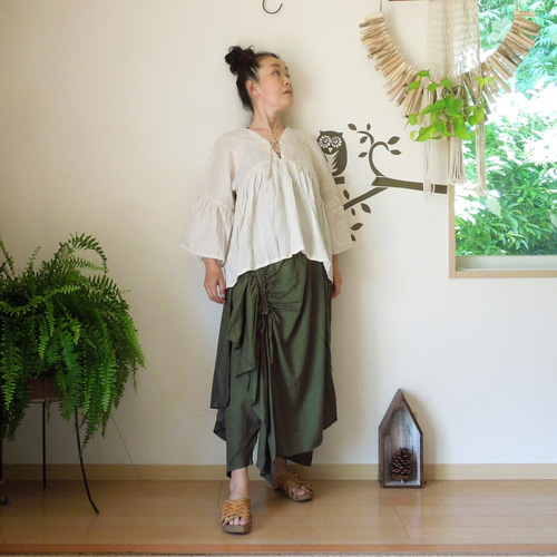 SALE】オーバースカート付きサルエルパンツ○ブラウン ロングパンツ 