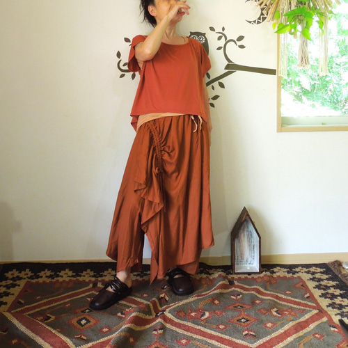 SALE】オーバースカート付きサルエルパンツ○ブラウン ロングパンツ 