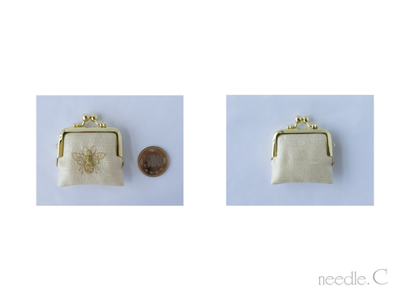 大人な蜂柄刺繍　リングケース　アイボリー　インドシルク　お守りジュエリーポーチ　がま口　ミニアクセサリーケース　 4枚目の画像