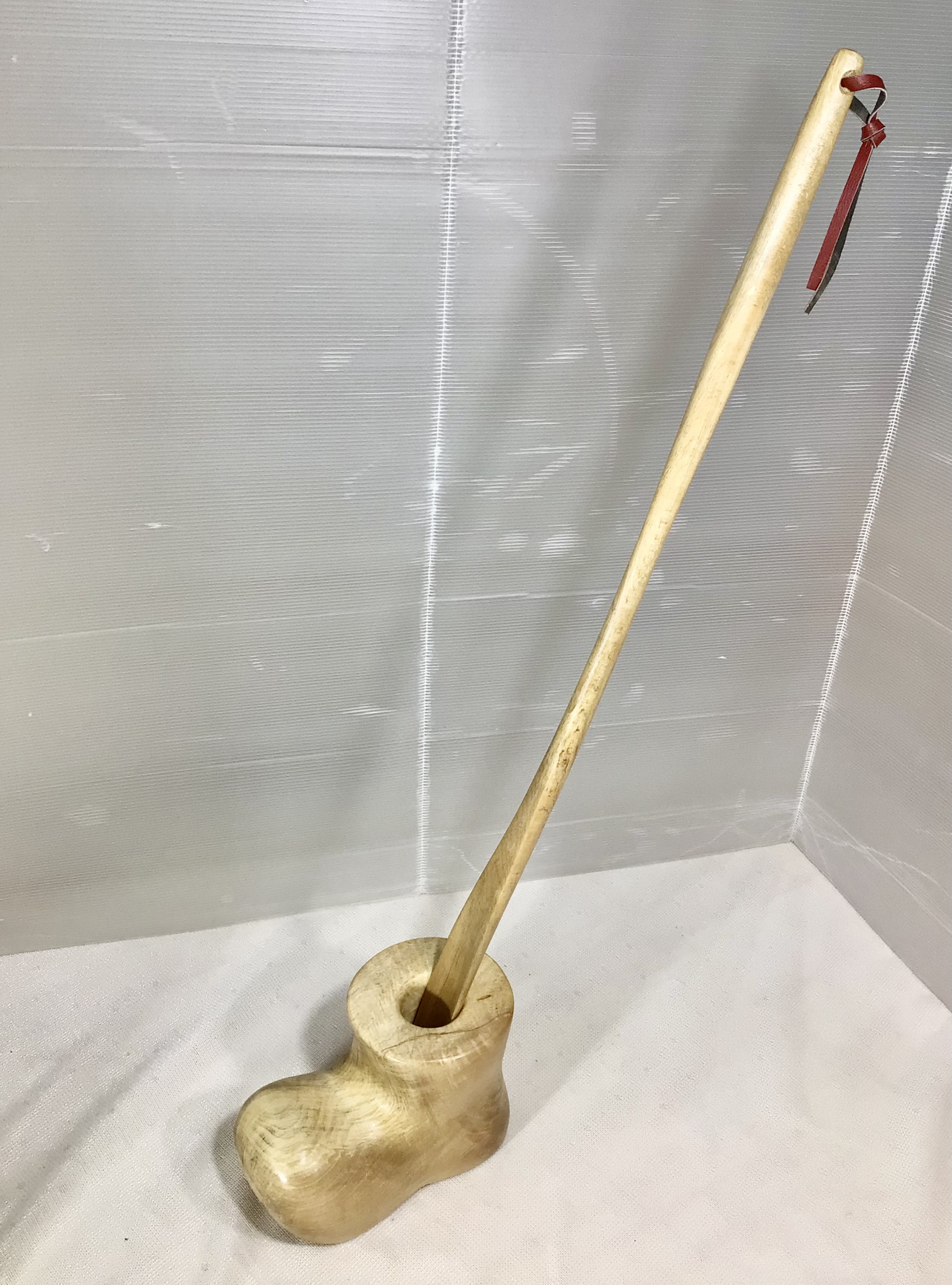 天然木　さくらロング靴べら／とち縮みブーツ型靴べらスタンドセット　一点物　手造り