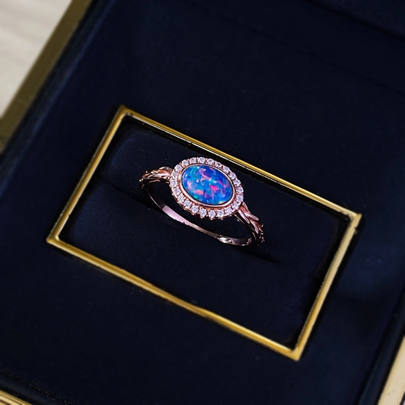 受注制作　ハイカーボンダイヤモンド　人工オパール　ミニマル　ヴィンテージリング　7ｘ5ｍｍ　ブルー　シルバー製 3枚目の画像