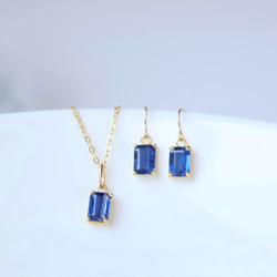 【creema限定セット】14kgf カイヤナイトのスクエアピアス/イヤリング&ネックレス ロイヤルブルー ギフト 2枚目の画像