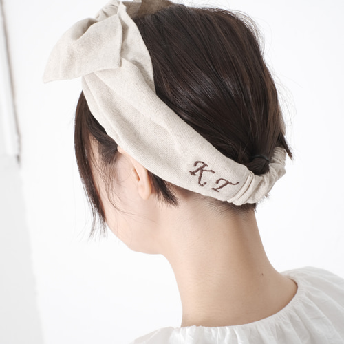 コットンリネンリボンターバン ナチュラル 。:+* 刺繍名入れ可 ヘア