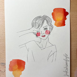 【委託販売中】オリジナル手描きイラスト #13 「イケナイ太陽」鉛筆画と水彩画のおしゃれな美人画アート  B5オレンジ赤 1枚目の画像