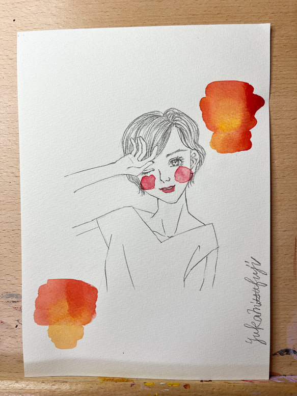 【委託販売中】オリジナル手描きイラスト #13 「イケナイ太陽」鉛筆画と水彩画のおしゃれな美人画アート  B5オレンジ赤 1枚目の画像