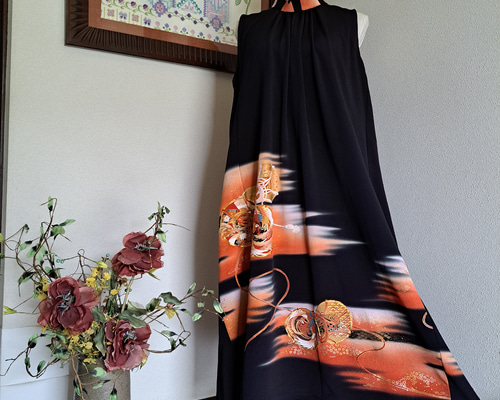 ☆ 着物リメイク/黒留め袖/バンドカラー/ギャザーワンピース/一品もの