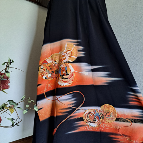 ☆ 着物リメイク/黒留め袖/バンドカラー/ギャザーワンピース/一品もの