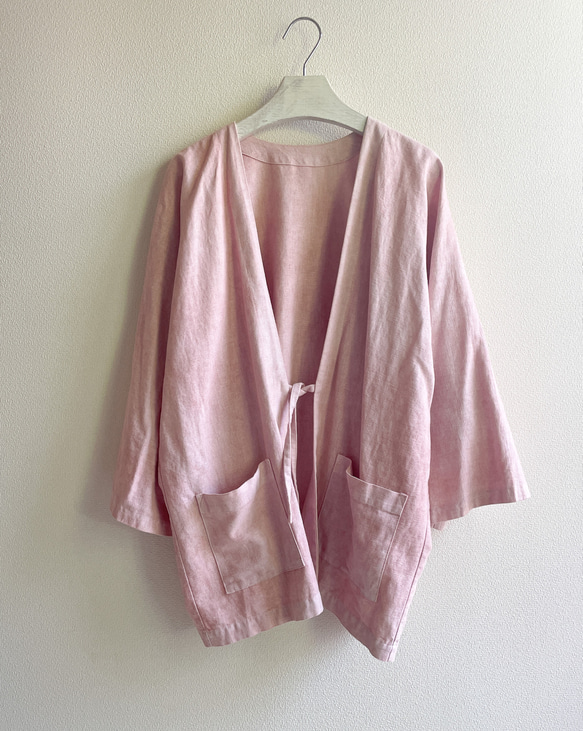 サンプル品 泥染のコットンリネン羽織カーディガン 淡い桜色 ムラ染め 送料無料 5枚目の画像