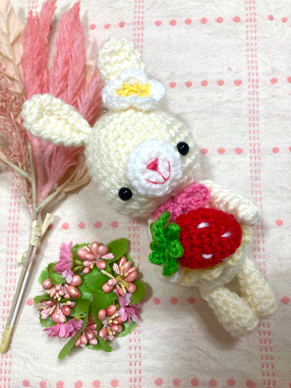 イチゴを持ったオシャレうさぎちゃんの編みぐるみ☆ あみぐるみ