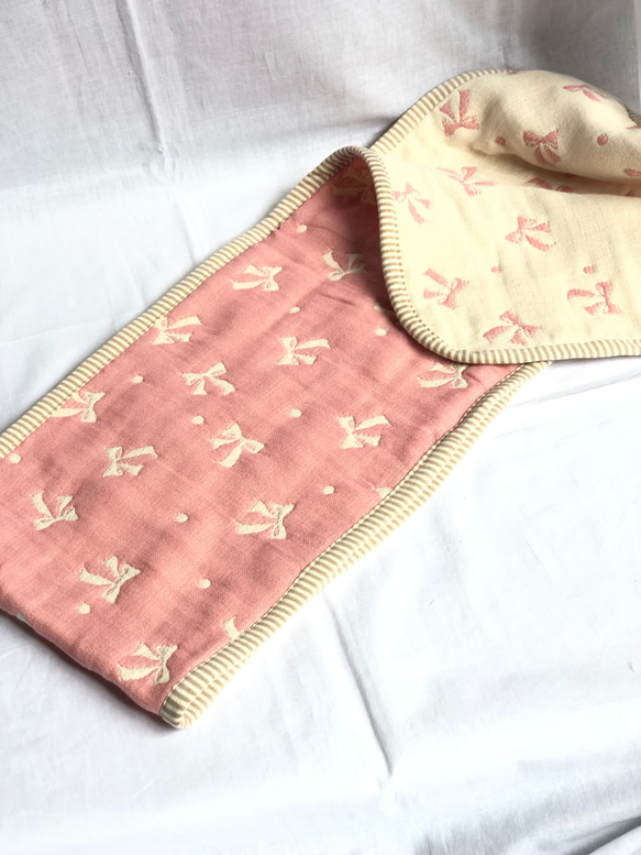 ふんわり六重織ガーゼのタオルマフラー　fuwara リボン　ピンク 2枚目の画像