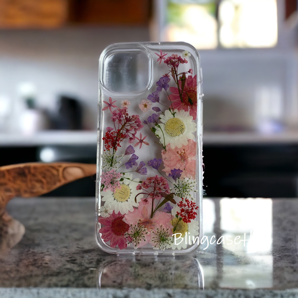 送料無料 フルーツ 本物の花 押し花ドライフラワー 樹脂 iPhone 15 全機種対応 ケース クリア スマホケース 2枚目の画像