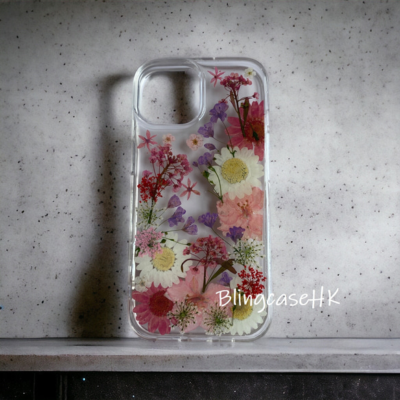 送料無料 フルーツ 本物の花 押し花ドライフラワー 樹脂 iPhone 15 全機種対応 ケース クリア スマホケース 1枚目の画像