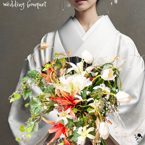 【日式新娘花束】扇子花束，獨一無二的鬱金香，百合，人造花，婚禮花束，花束，和服 第1張的照片