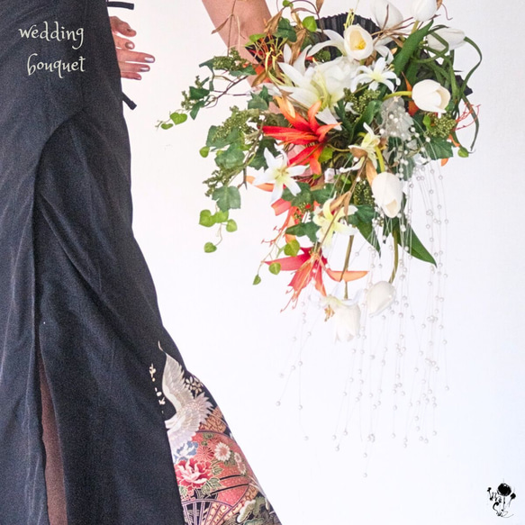 【日式新娘花束】扇子花束，獨一無二的鬱金香，百合，人造花，婚禮花束，花束，和服 第5張的照片