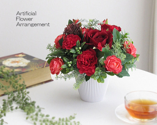 造花　赤い薔薇　オンシジウム　アレンジ　御祝　母の日　誕生日 83f56d2114d04a9cd74403f43859e7