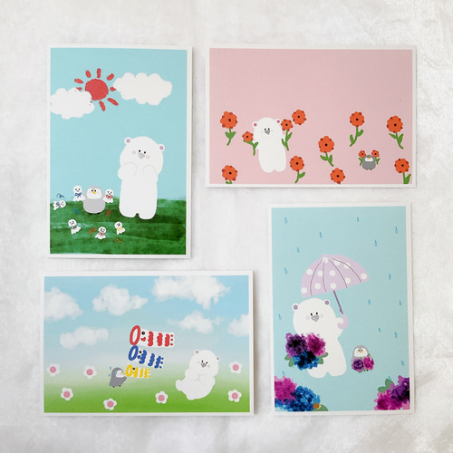 シロ&ペン 4枚 ポストカード はがき かわいい 鯉のぼり 紫陽花