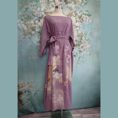 d20 3Lサイズ マキシ丈着物ドレス ストール＆リボン付 着物リメイク