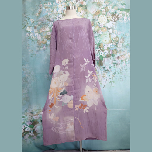 着物リメイク　銘仙　ピンタック入りショールカラーロング丈ワンピース　M ~3L d20 3Lサイズ マキシ丈着物ドレス ストール＆リボン付 着物リメイク