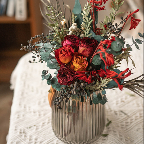 ドライフラワーブーケ - 花瓶アレンジ -赤 一輪挿し・花瓶・花器 King