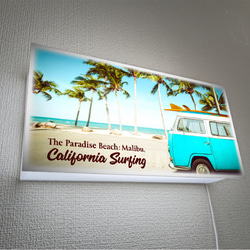 【壁掛け Lサイズ】カリフォルニア 海 サーフワゴン ワーゲンバス ヤシの木 夏 照明 看板 置物 雑貨 ライトBOX 2枚目の画像