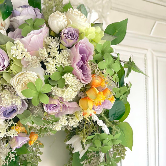 光触媒　フラワーリース　母の日　プレゼント　造花　玄関リース　ドアリース　花　紫 2枚目の画像