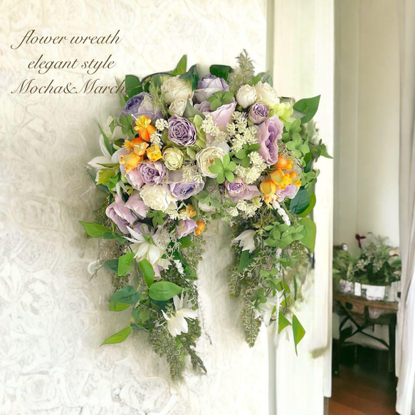光触媒　フラワーリース　母の日　プレゼント　造花　玄関リース　ドアリース　花　紫 1枚目の画像