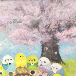 額入り原画『お花見団子とインコたち』ポストカードサイズ アート インテリア 2枚目の画像