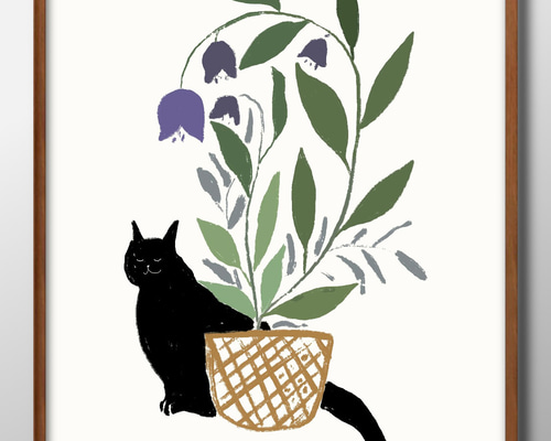 花の絵 クリスマスの絵　ボタニカル フラワーアート クリスマス 猫アート 花柄 12081□ポスター アート 絵画『黒猫 ネコ フラワー ボタニカル』北欧