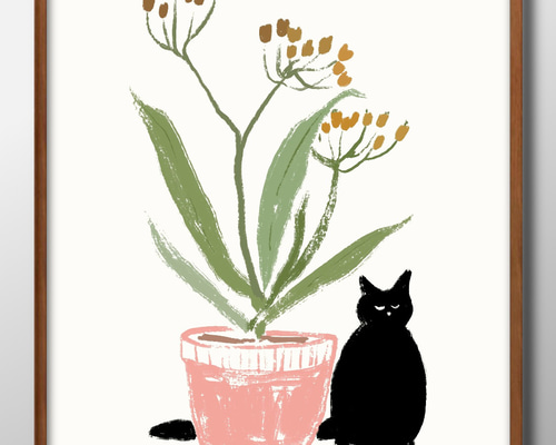 12079□ポスター アート 絵画『黒猫 ネコ フラワー ボタニカル