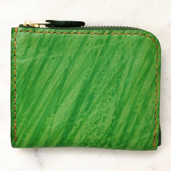 ミニ財布 手染め・手縫い ガバッと開くＬファスナーコンパクト財布 カードたっぷり収納 シンプル グリーン 竹 軽い 自然 2枚目の画像