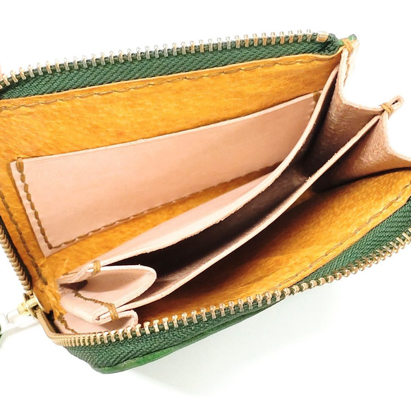 ミニ財布 手染め・手縫い ガバッと開くＬファスナーコンパクト財布 カードたっぷり収納 シンプル グリーン 竹 軽い 自然 6枚目の画像