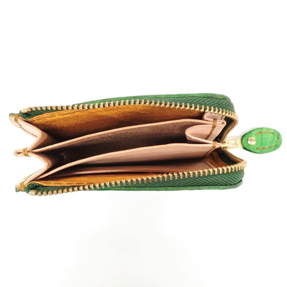 ミニ財布 手染め・手縫い ガバッと開くＬファスナーコンパクト財布 カードたっぷり収納 シンプル グリーン 竹 軽い 自然 5枚目の画像