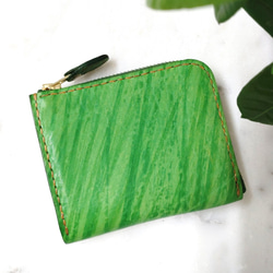ミニ財布 手染め・手縫い ガバッと開くＬファスナーコンパクト財布 カードたっぷり収納 シンプル グリーン 竹 軽い 自然 1枚目の画像