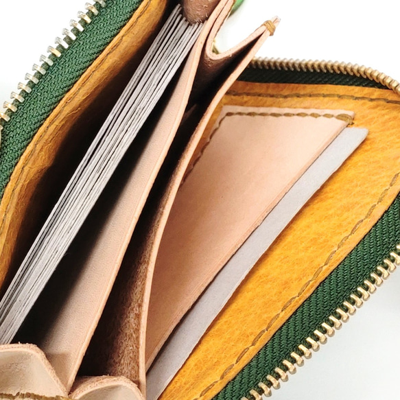 ミニ財布 手染め・手縫い ガバッと開くＬファスナーコンパクト財布 カードたっぷり収納 シンプル グリーン 竹 軽い 自然 9枚目の画像