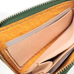 ミニ財布 手染め・手縫い ガバッと開くＬファスナーコンパクト財布 カードたっぷり収納 シンプル グリーン 竹 軽い 自然 8枚目の画像