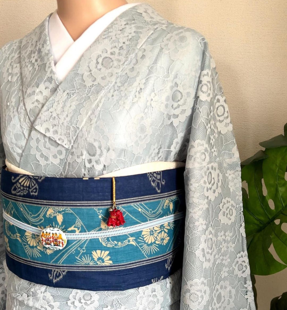 琉球シリーズ「蝶鯉ミンサー」ブルー名古屋帯 