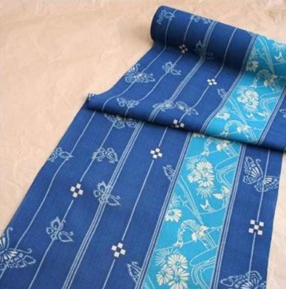 琉球シリーズ「蝶鯉ミンサー」ブルー名古屋帯 