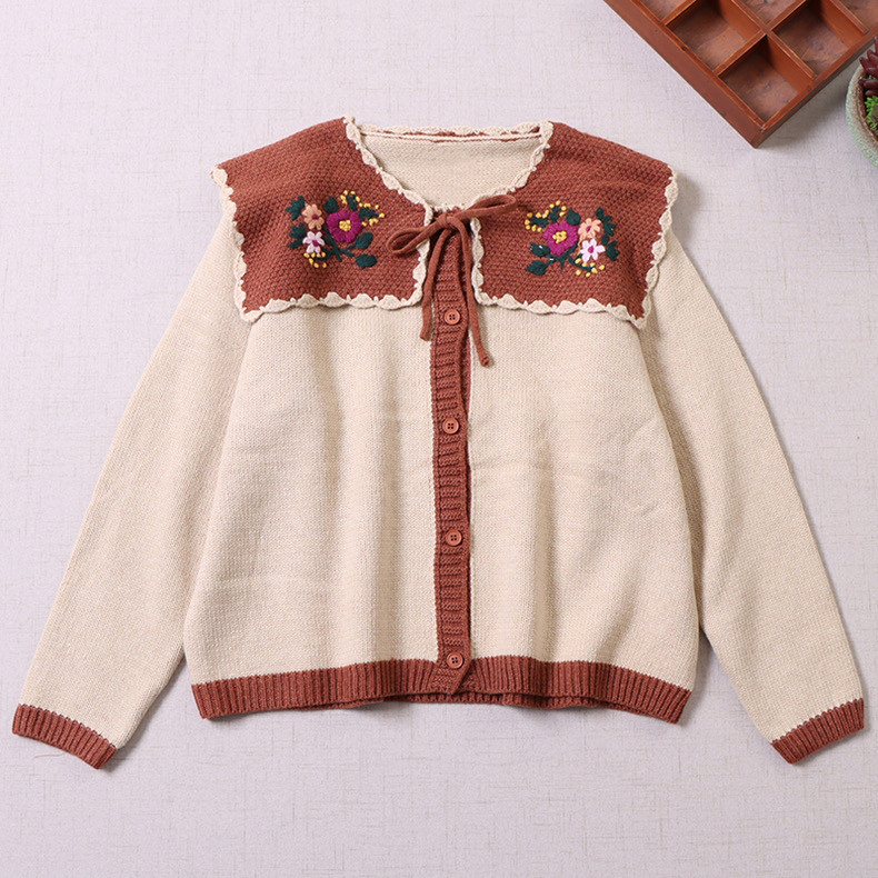 秋冬にぴったり！フラワー柄＆リボン付き配色ニット  カーディガン