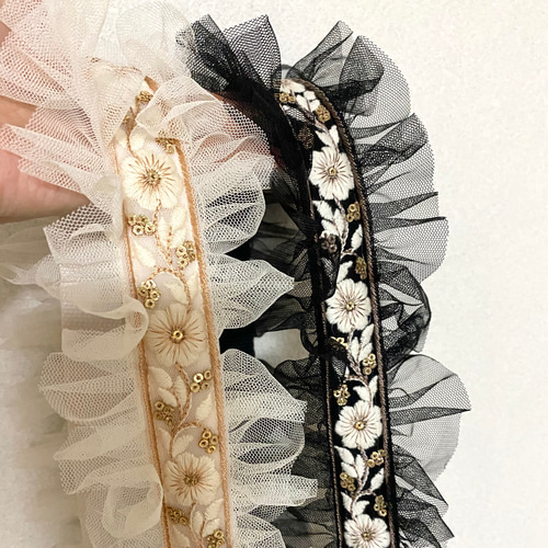 YONE ふんわりチュールのショルダーストラップ 黒 インド刺繍