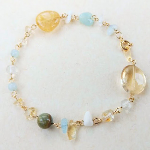 シトリンとアクアマリンの青緑天然石ブレスレット ブレスレット あめ色  