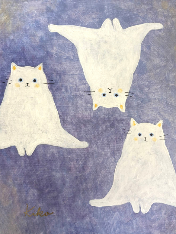 キャンバスアート　原画　「３匹の白い猫」 6枚目の画像