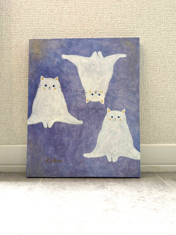 キャンバスアート　原画　「３匹の白い猫」 1枚目の画像