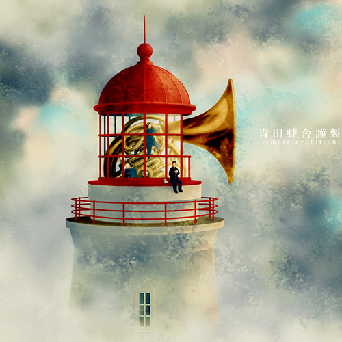 ホルンのアートエッチングのようなリトグラフです