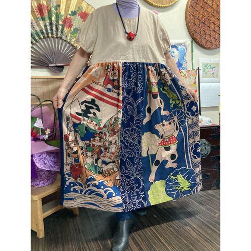 猫柄の手ぬぐいと浴衣の柿渋染めワンピース 手ぬぐいリメイク  