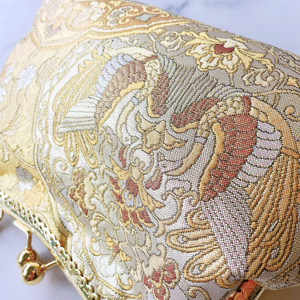 新作1点物！！京都西陣服部織物の最高級鳳凰柄箔の煌めき上品ゴールドパーティーバッグ帯バッグフォーマルバッグ 10枚目の画像