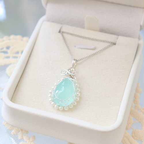 シーブルーカルセドニーのワイヤージュエリーネックレス✧*。天然石